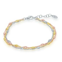 Tri-color Sterling Silver Triple Strand Oval Beaded Bracelet - £41.75 GBP