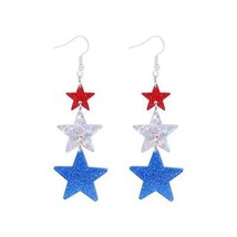 NEW Silver 3&quot; Patriotic Glitter Acrylic Star Earrings 2-sided USA - £9.49 GBP