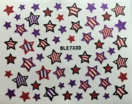 Nail Art 3D Decal Glitter Stickers Stars 4th of July Red White Purple BLE733D - £2.65 GBP