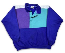 Vintage 80s 90s MTO International color block Polo sweatshirt Aqua Purpl... - £19.77 GBP