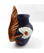 Spanish Dark Blue Pottery Vase with Sculpted Leaf and White Flower - READ - $48.34 CAD