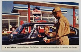 1960 Plymouth, Chevron Credit Cards Sevice Station Attendant Advert Postcard S5 - £10.77 GBP