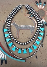 Southwest Navajo Pearl Style Silver Faux Turquoise Multi Strand Beaded Necklace - £59.06 GBP