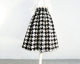 Winter Black Houndstooth Midi Skirt Women Plus Size Pleated Wool Party Skirt image 7