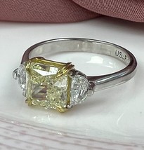 GIA 2.42 Ct 3 Stone Radiant Cut Yellow Diamond Ring 18k White Gold - £9,554.01 GBP