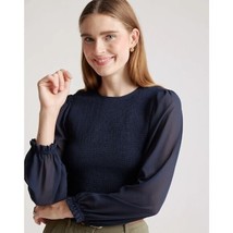 Quince Womens Chiffon Cropped Smocked Blouse Navy Blue M - £34.86 GBP