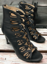 Nine West Leslie Black Leather Heeled Cage Dress Sandals Size 7M - £29.13 GBP