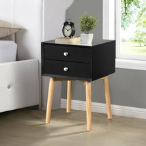 Side Table with 2 Drawer and Rubber Wood Legs, Mid-Century Modern - Black - £64.42 GBP