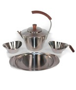 Vtg Mid Century Latama Denmark Stainless Teapot Teak Handle Creamer Suga... - $79.99