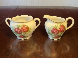 Vintage M Bavaria Porcelain Sugar &amp; Creamer, Hand-Painted Burgundy Roses - £15.84 GBP