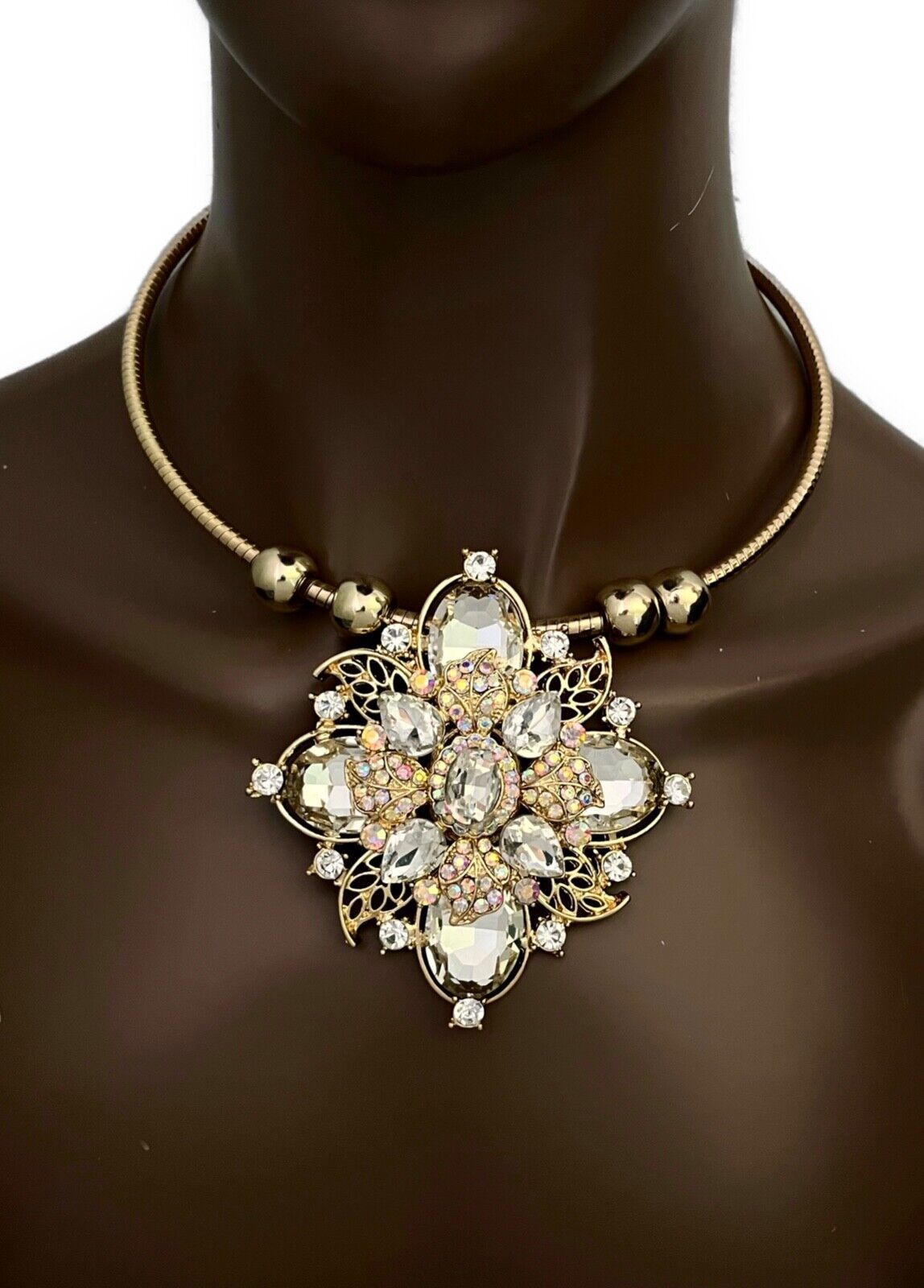 Statement Choker Pendant Necklace Earrings Clear & AB Crystals Bridal Wedding - $26.60