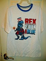 Patriotic Boys Short Sleeve Tee Shirt Medium (8) Rex White &amp; Blue Dinosaur - £7.87 GBP