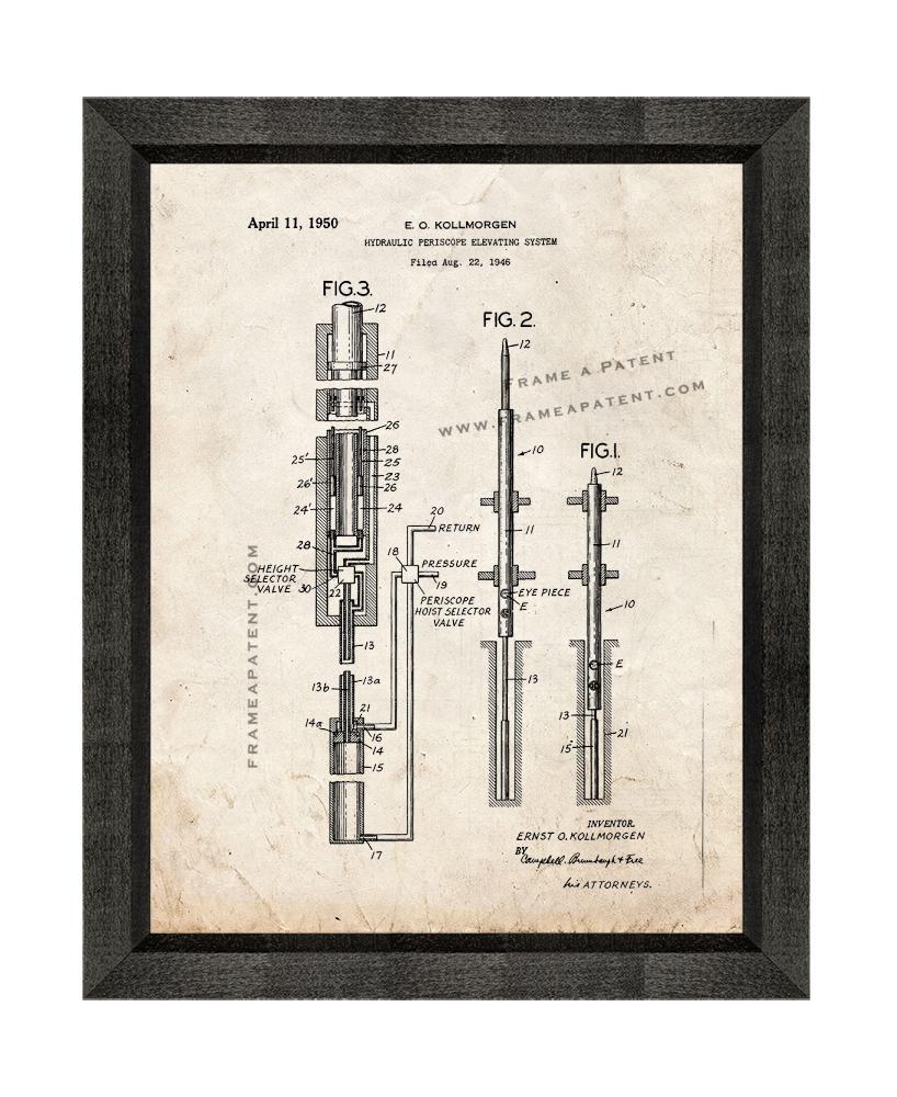 Hydraulic Periscope Elevating System Patent Print Old Look with Beveled Wood Fra - $24.95 - $109.95