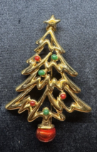 Vintage Gold Tone Christmas Tree Brooch Red Green Ornaments Star Top Hol... - $18.80