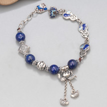 Adjustable Sterling Silver Enamel Lotus Bracelet With Lapis Lazuli Beads,Gift - £76.17 GBP