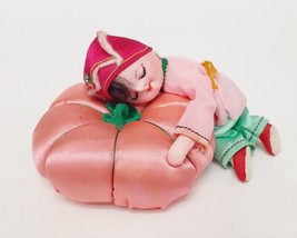 Vintage Chinese Round Pin Cushion 3.5” w Satin Dressed Sleeping Child Vtg New - £31.38 GBP