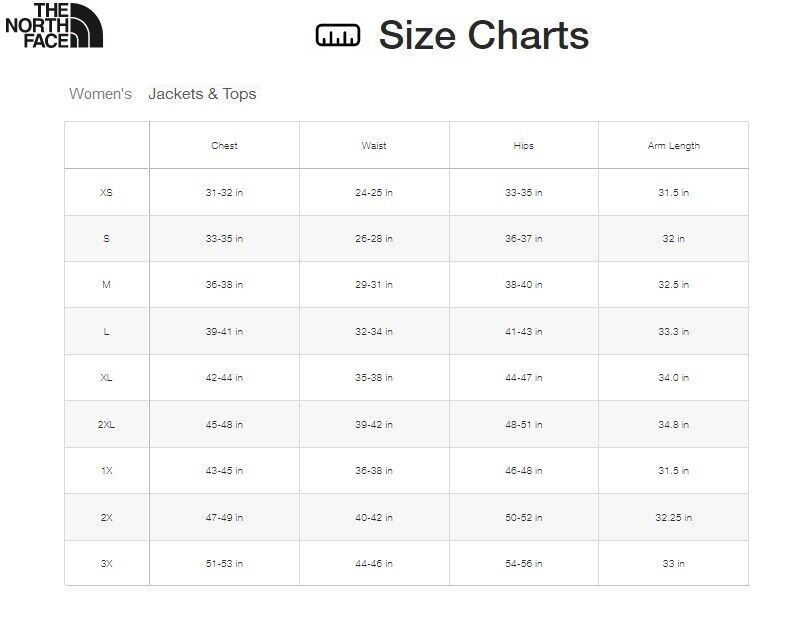 North face women's jacket size chart 2025