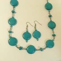 Howlite Necklace Earrings Set Turquoise Blue Beaded Handmade Silver Metal Chain - £67.78 GBP
