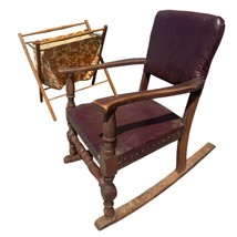  Antique Child’s Rocking Chair Burgundy Leather &amp; Wood Carved Arms Rivets - $80.74