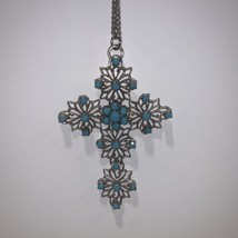 Vintage Silvertone Cross Faux Turquoise Necklace Chain Pendent - £18.12 GBP