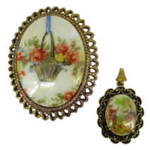 2 Hand Painted Pendant Brooch Porcelain Floral Rose Basket Courting Couple - £17.97 GBP