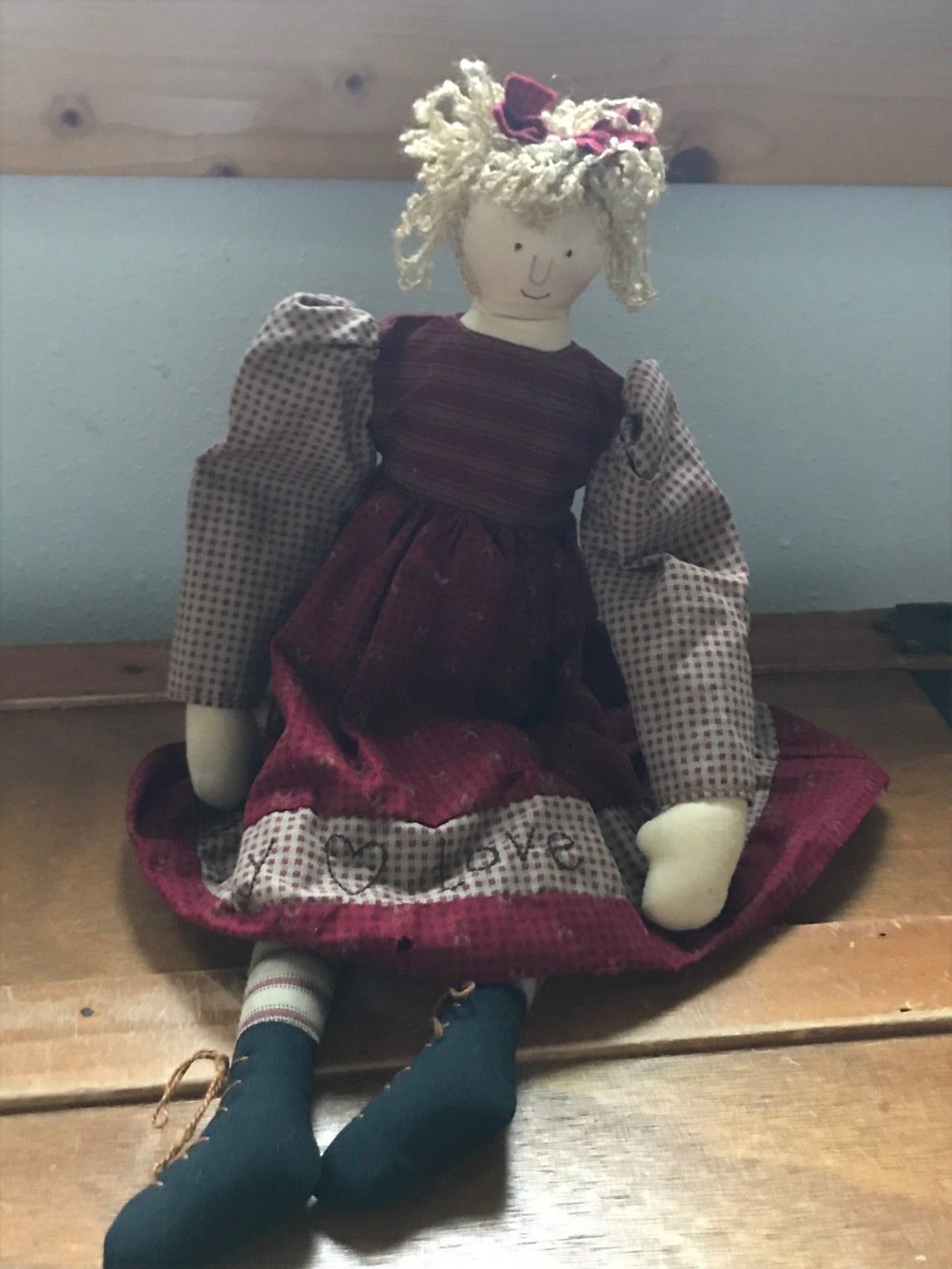 Used Hallmark Cards Country Doll in Red & Tan Gingham Dress Stiched with Family  - $8.59