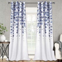 Floral Print Window Curtains Drapes Living Room Grommet White Blue 2 Panels 84 - £44.64 GBP