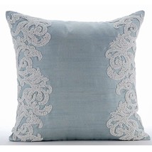 Blue Art Silk 16&quot;x16&quot; Beaded Boroque Pillows Cover, White Waters - £20.60 GBP+