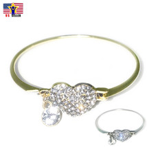 Luxury Women Love Heart Crystal Rhinestone Embed Charm Bangle Bracelet Valentine - £4.72 GBP