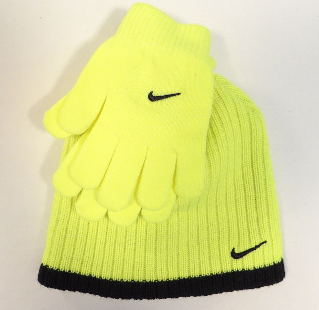 Primary image for Nike Volt & Black Knit Beanie & Knit Stretch Gloves Youth Boy's 8-20 NWT
