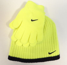 Nike Volt &amp; Black Knit Beanie &amp; Knit Stretch Gloves Youth Boy&#39;s 8-20 NWT - £20.71 GBP