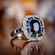 2Ct Cushion CZ Blue Sapphire Halo Engagement Ring 14K White Gold Silver Plated - £95.89 GBP