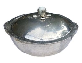 Vintage Hammered Aluminum 8.5&quot; Covered Serving Bowl w Handles &amp; Lid Glass Marble - £20.06 GBP