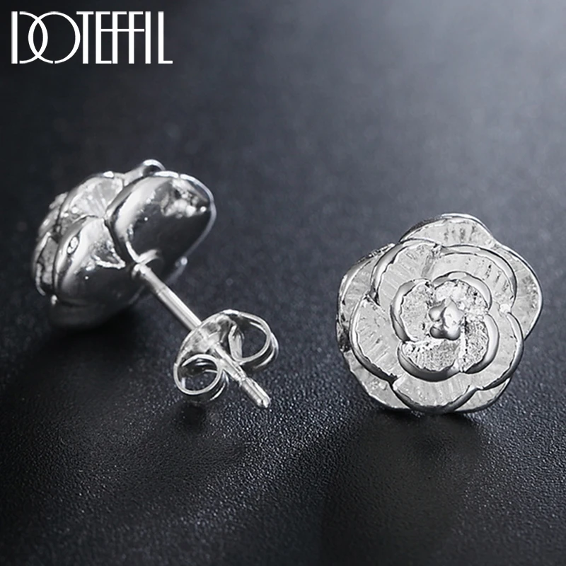 925 Silver Rose Flowers Stud Earrings For Woman Fashion Wedding Engagement Jewel - £12.67 GBP