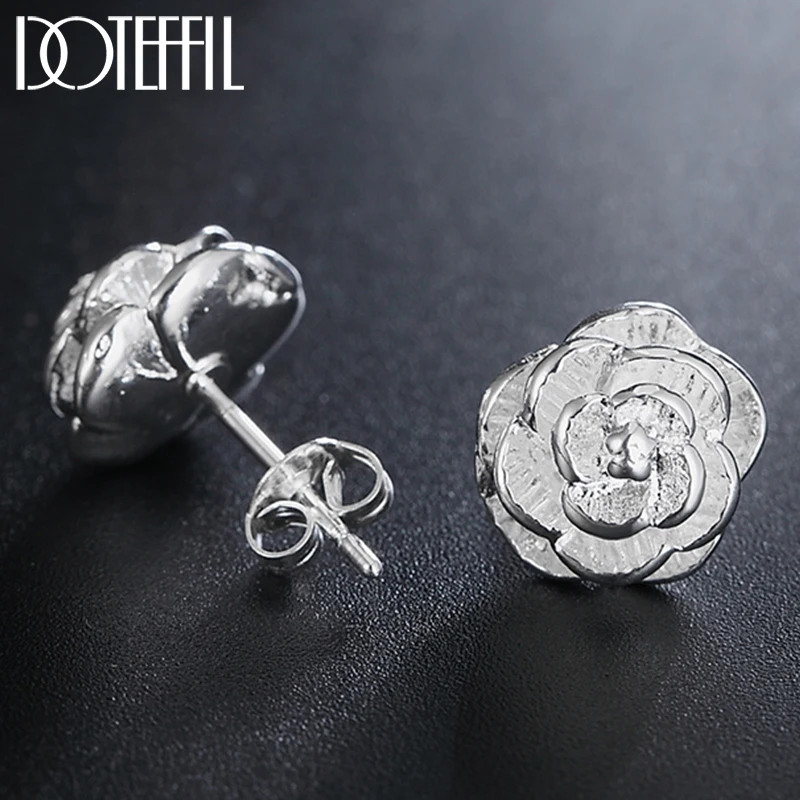 925 Silver Rose Flowers Stud Earrings For Woman Fashion Wedding Engagement Jewel - £12.07 GBP