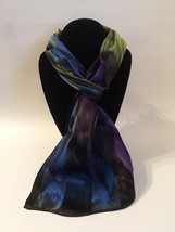 Hand Painted Silk Scarf Eggplant Purple Blue Olive Rectangle Neck Head Gift New - £44.29 GBP