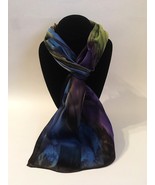 Hand Painted Silk Scarf Eggplant Purple Blue Olive Rectangle Neck Head G... - £45.03 GBP