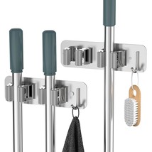 Mop Broom Holder Wall Mounted Sus304 Stainless Steel, Mop Broom Organizer With 2 - £26.72 GBP