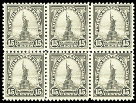 566, Mint NH F/VF 15¢ Statue of Liberty Block of Six - Stuart Katz - $150.00