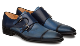 Monk Shoes Two Tone Blue Premium Quality Leather Double Buckle Derby Cap Toe  - £109.41 GBP