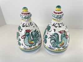 Ceramic Oil and Vinegar Pair Orvieto Style Green Rooster Painted - £17.92 GBP