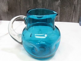 Vintage Blenko Turquoise Blue Pitcher Pinched Indented  6.5&quot; Mid Century  - $51.48