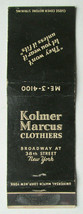 Kolmer Marcus Clothiers - New York, NY 20 Strike Matchbook Cover Hickey-Freeman - £1.37 GBP