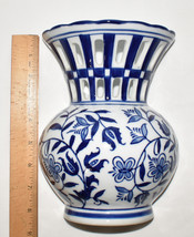 Vintage 8&quot; Blue White Porcelain Wall Pocket Vase with Floral &amp; Butterfly... - £30.66 GBP