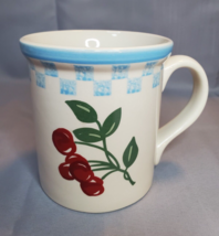 Folk Craft Folkcraft Coffee Mug Cherry Cherries Stoneware Blue Check 14 oz - £15.61 GBP