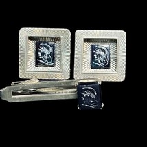 Silver Tone &amp; Intaglio Cut Hematite Ancient Warriors Cufflinks And Tie Bar (5024 - £15.66 GBP