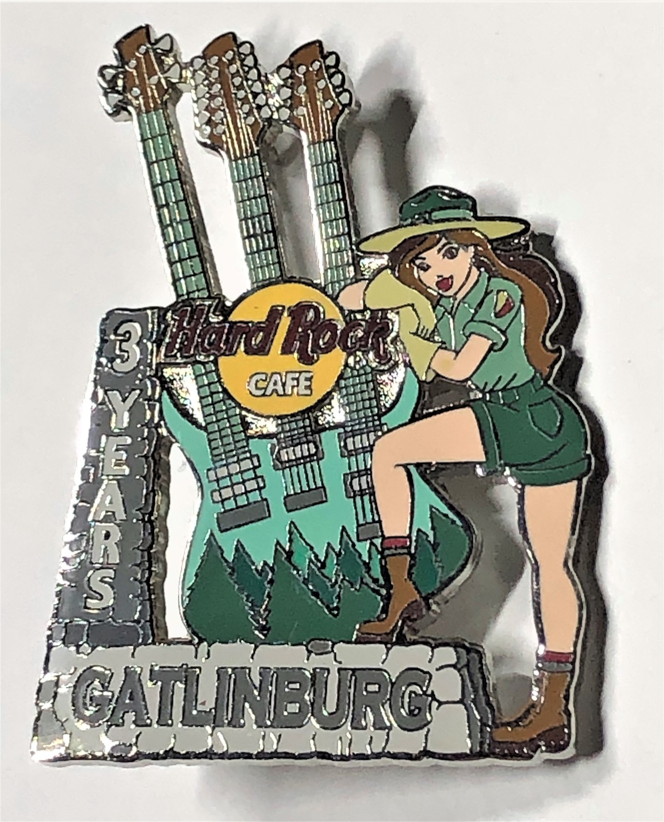 Primary image for Hard Rock Cafe GATLINBURG 3 Year Anniversary Triple Guitar Ranger Girl Pin