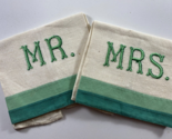 Vtg Set 2 Embroidered Green Linen Tea Fingertip Kitchen Towels Mr. &amp; Mrs - $19.79