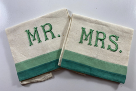 Vtg Set 2 Embroidered Green Linen Tea Fingertip Kitchen Towels Mr. &amp; Mrs - £15.50 GBP