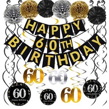 Black &amp; Gold Glittery Happy 60Th Birthday Banner,Poms,Sparkling 60 Hanging Swirl - £19.22 GBP